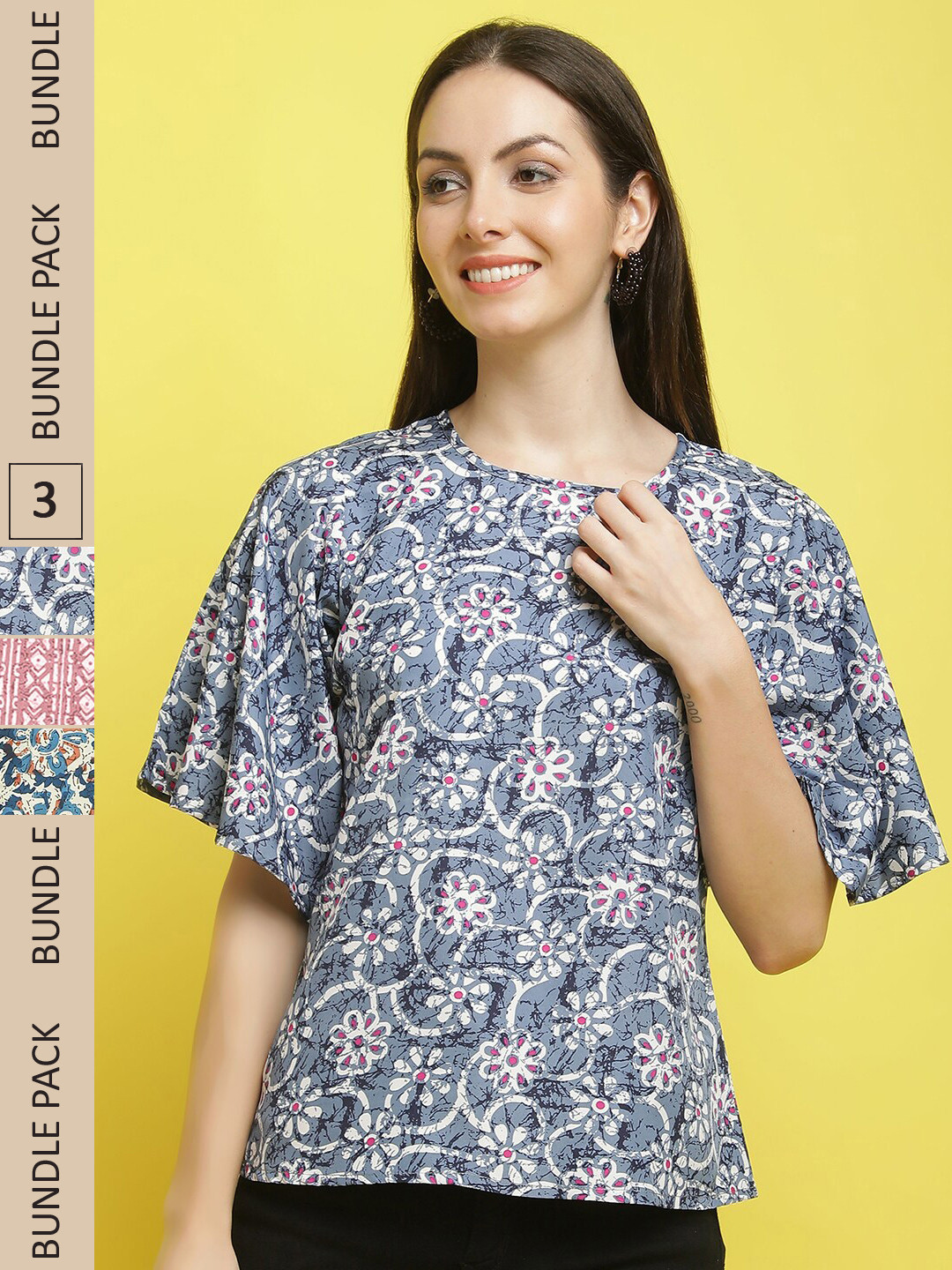 

Poshyaa Pack Of 3 Printed Flared Sleeve Crepe Top, Blue