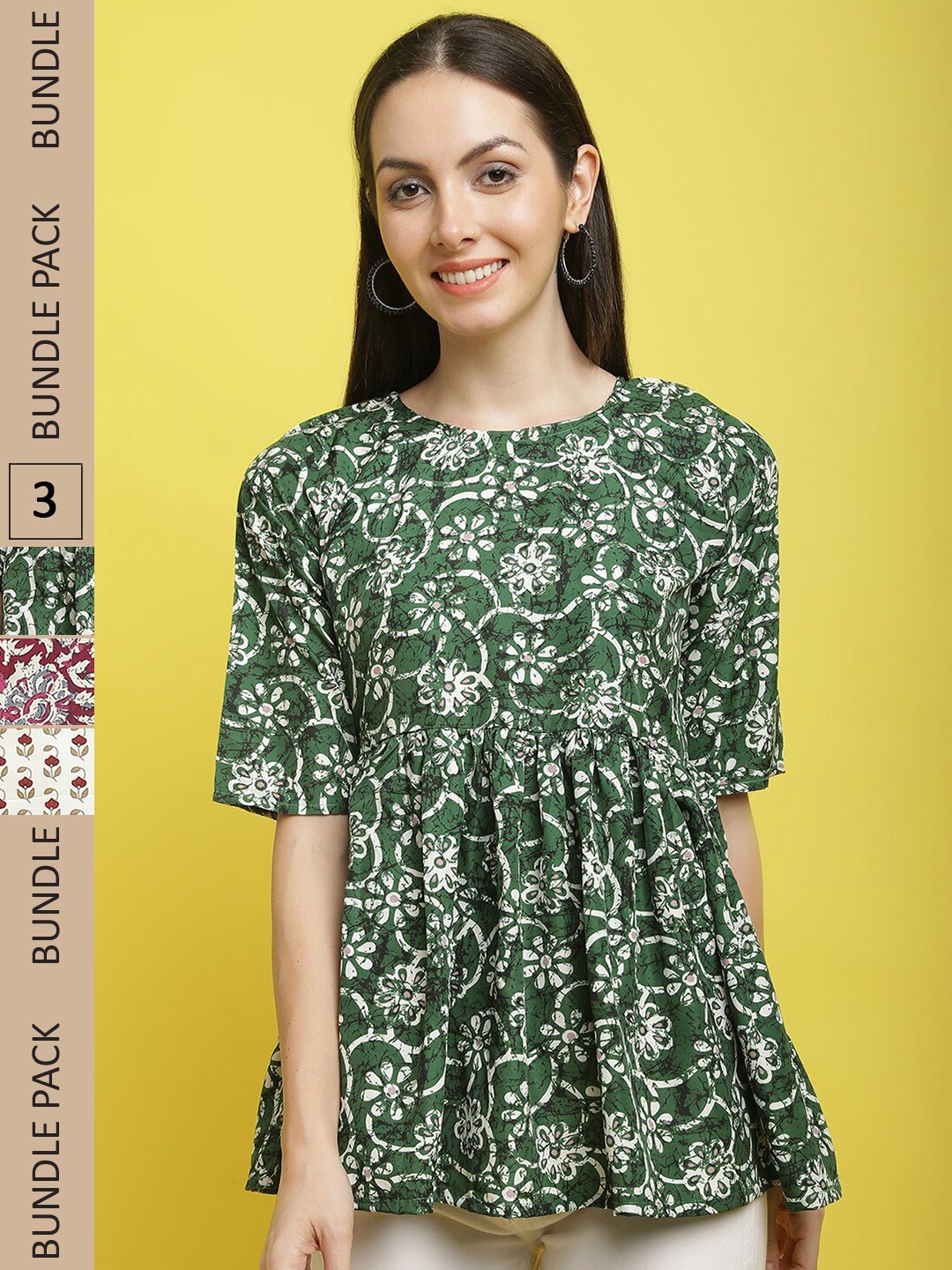 

Poshyaa Pack Of 3 Floral Print Flutter Sleeves Tops, Green