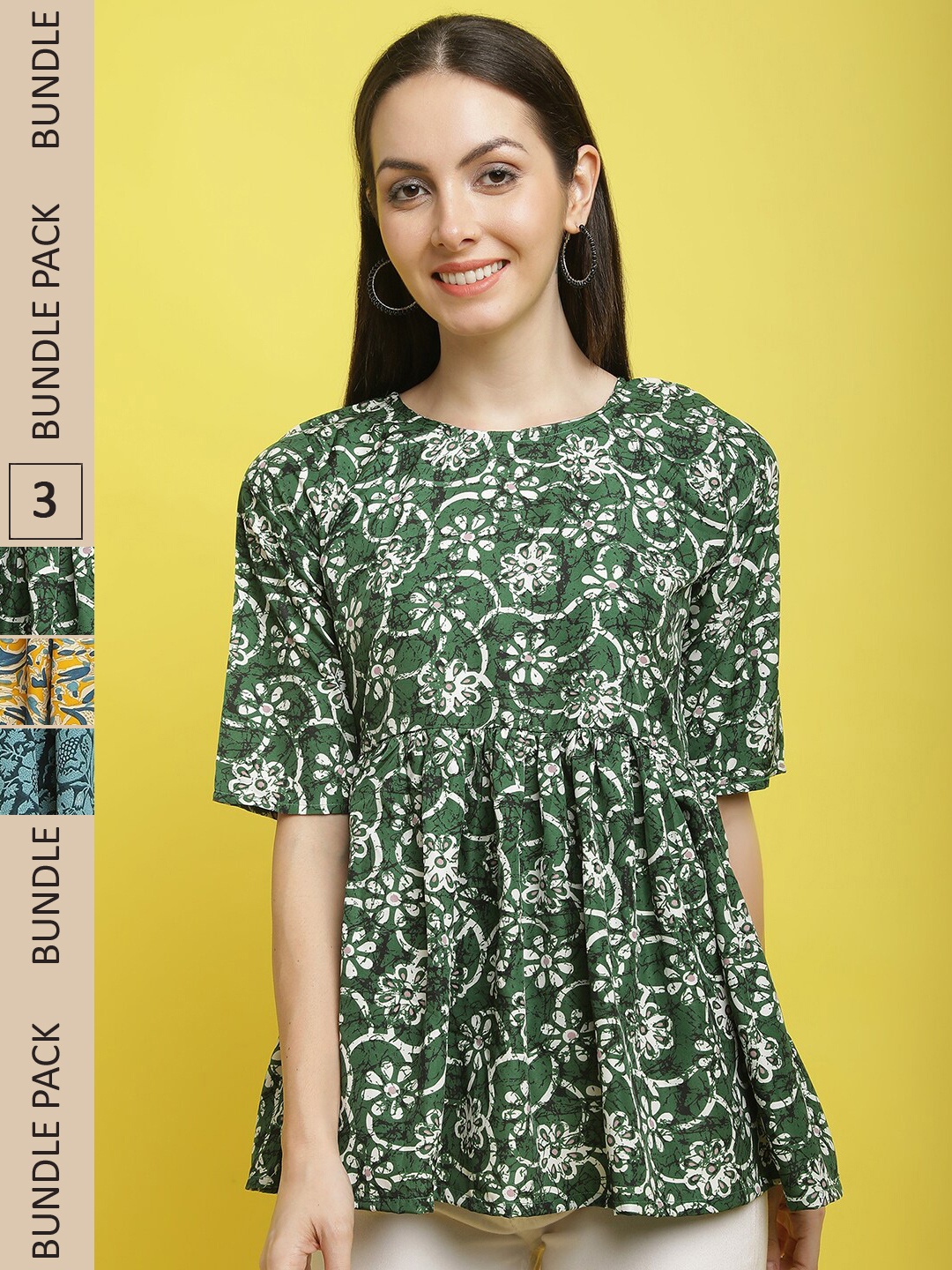 

Poshyaa Pack Of 3 Floral Printed Tops, Green