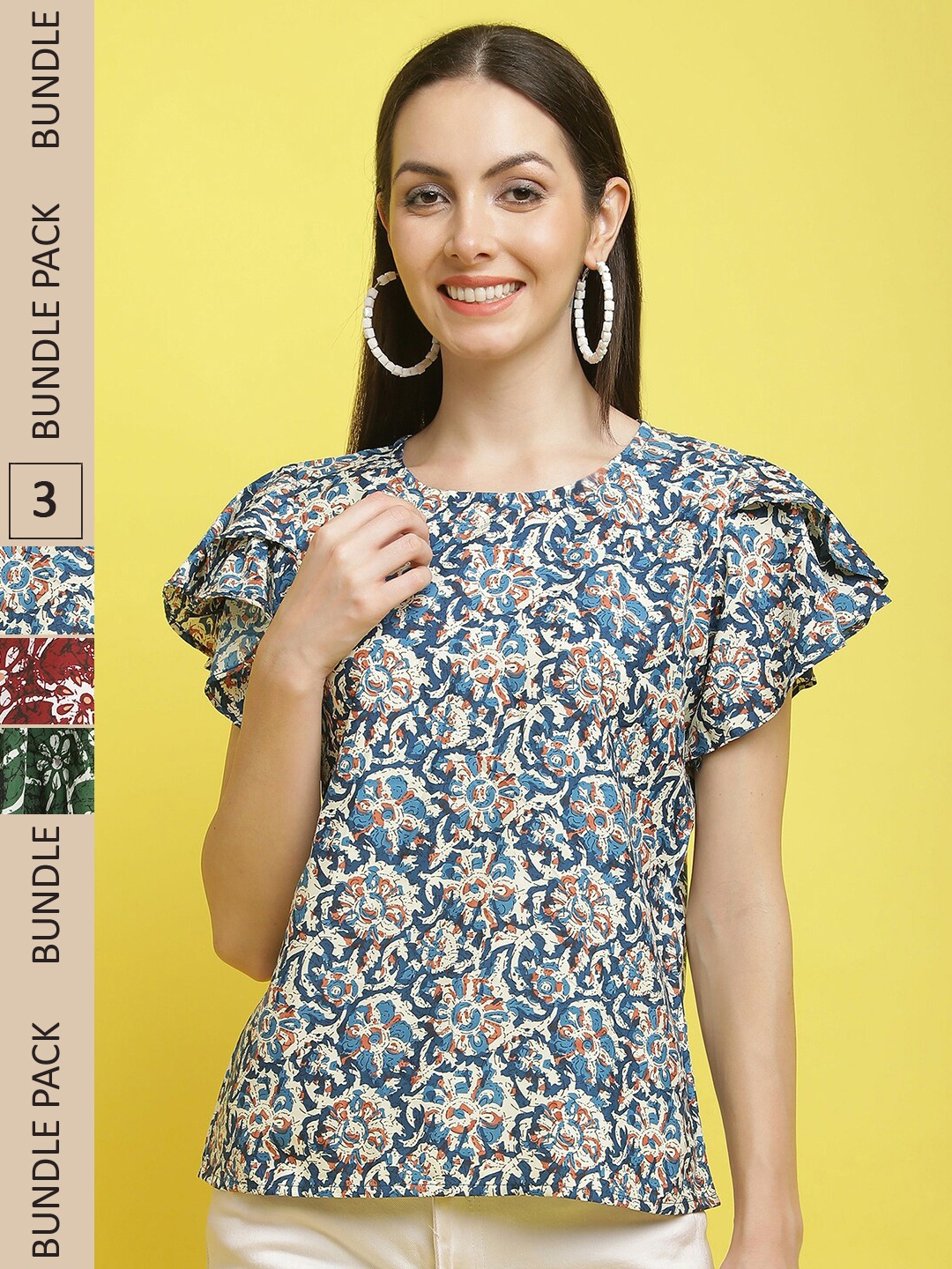 

Poshyaa Pack Of 3 Floral Printed Flutter Sleeves Top, Blue