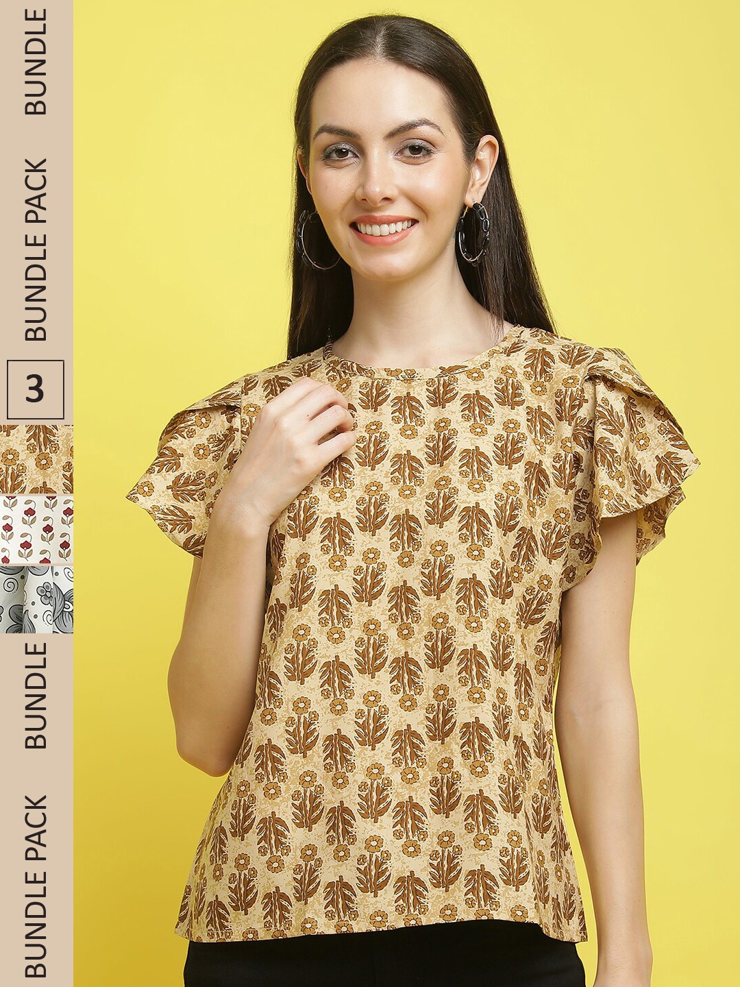 

Poshyaa Pack Of 3 Floral Printed Flutter Sleeves Top, Beige
