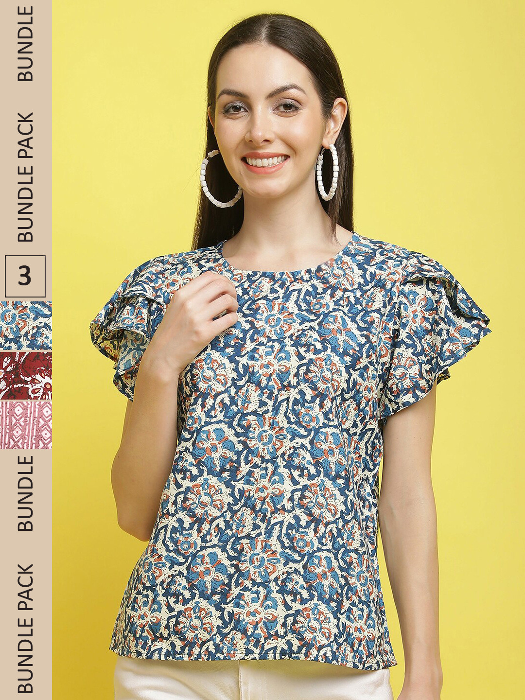 

Poshyaa Pack Of 3 Floral Printed Flared Sleeves Top, Blue