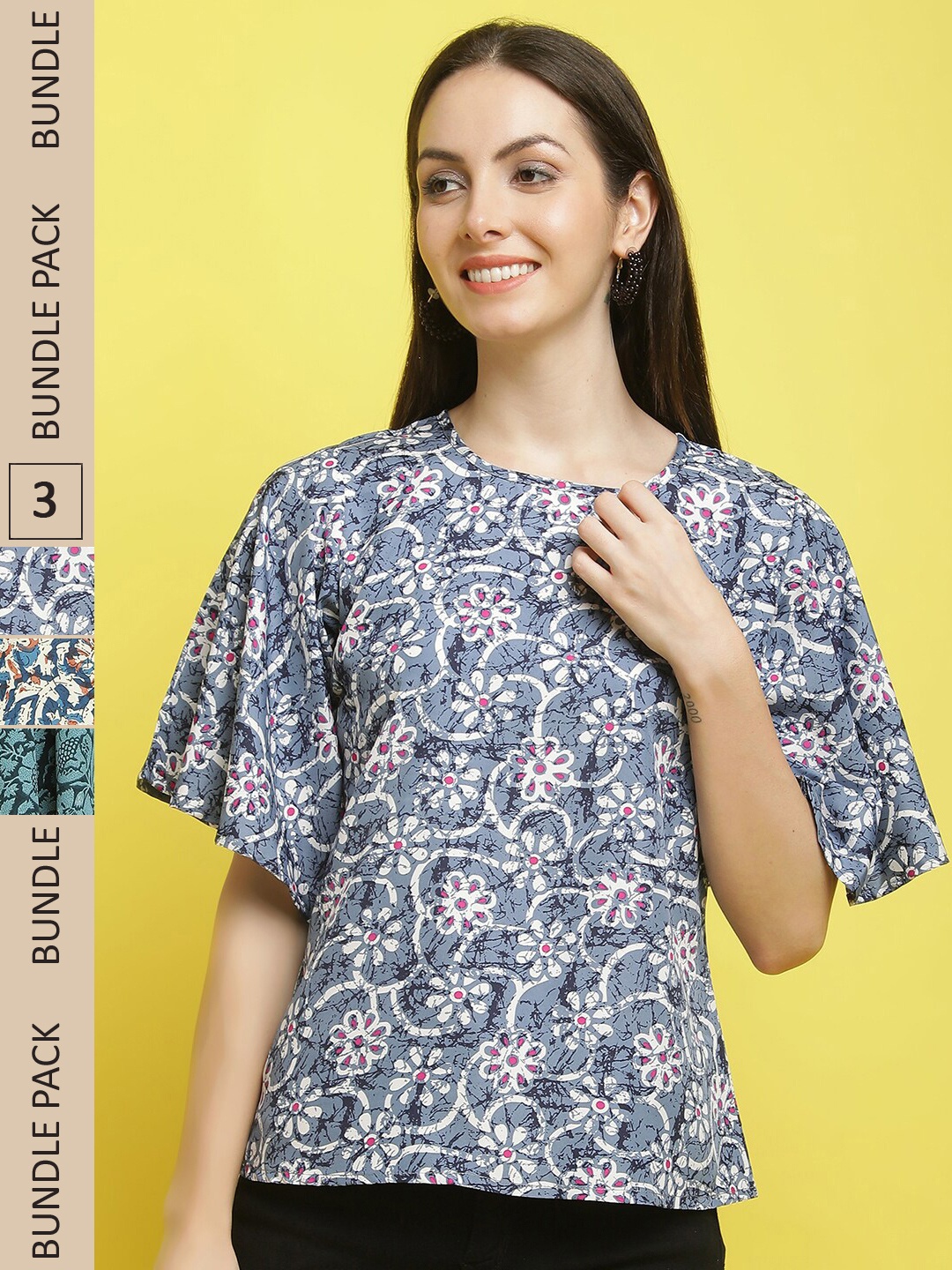 

Poshyaa Pack Of 3 Floral Printed Flutter Sleeves Regular Tops, Blue
