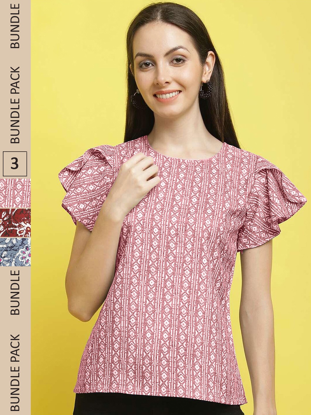 

Poshyaa Pack Of 3 Floral Printed Flutter Sleeves Top, Pink