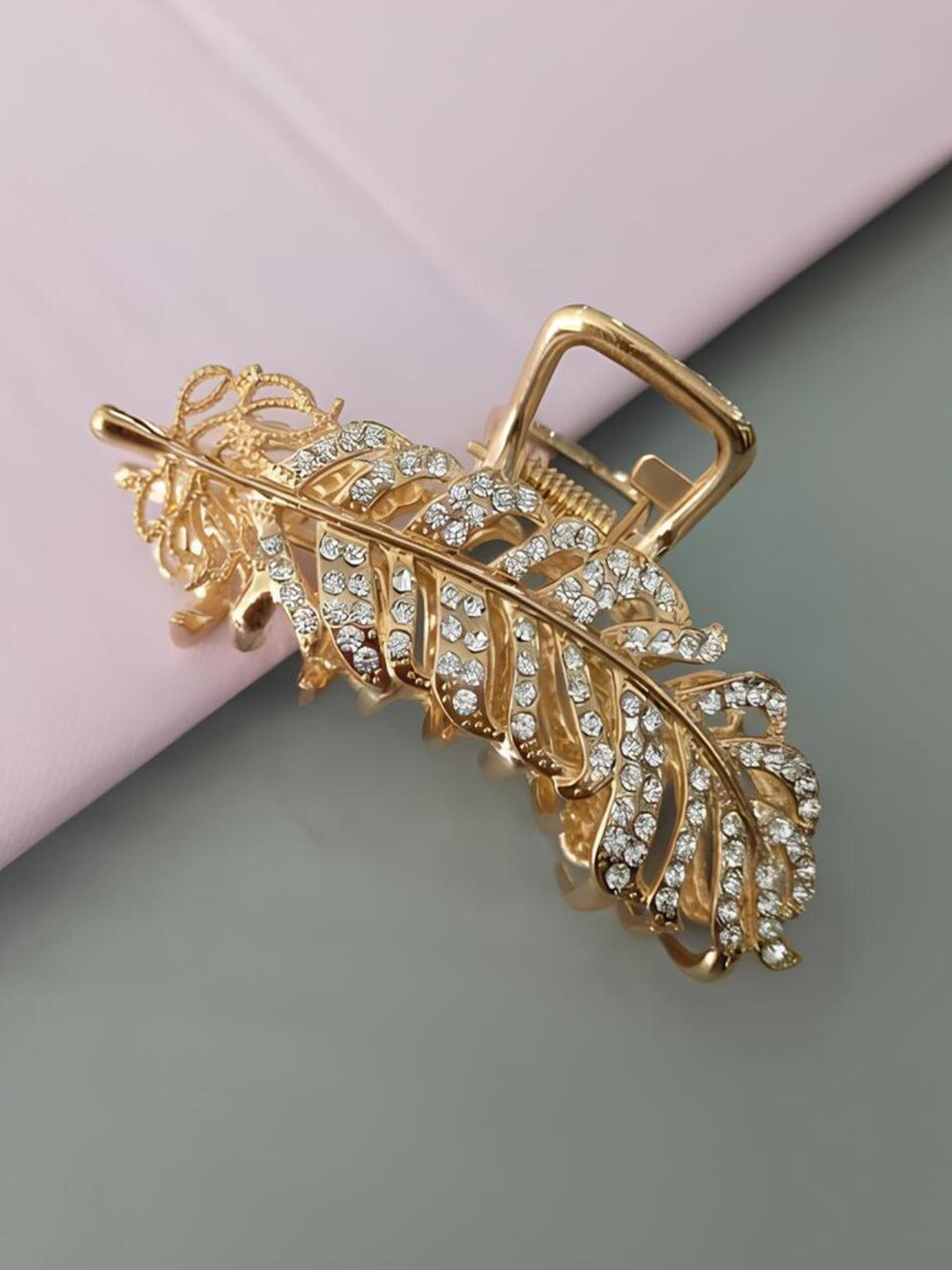 

ANNA CREATIONS Leaf Shaped Stone Embellished Claw Clip, Gold