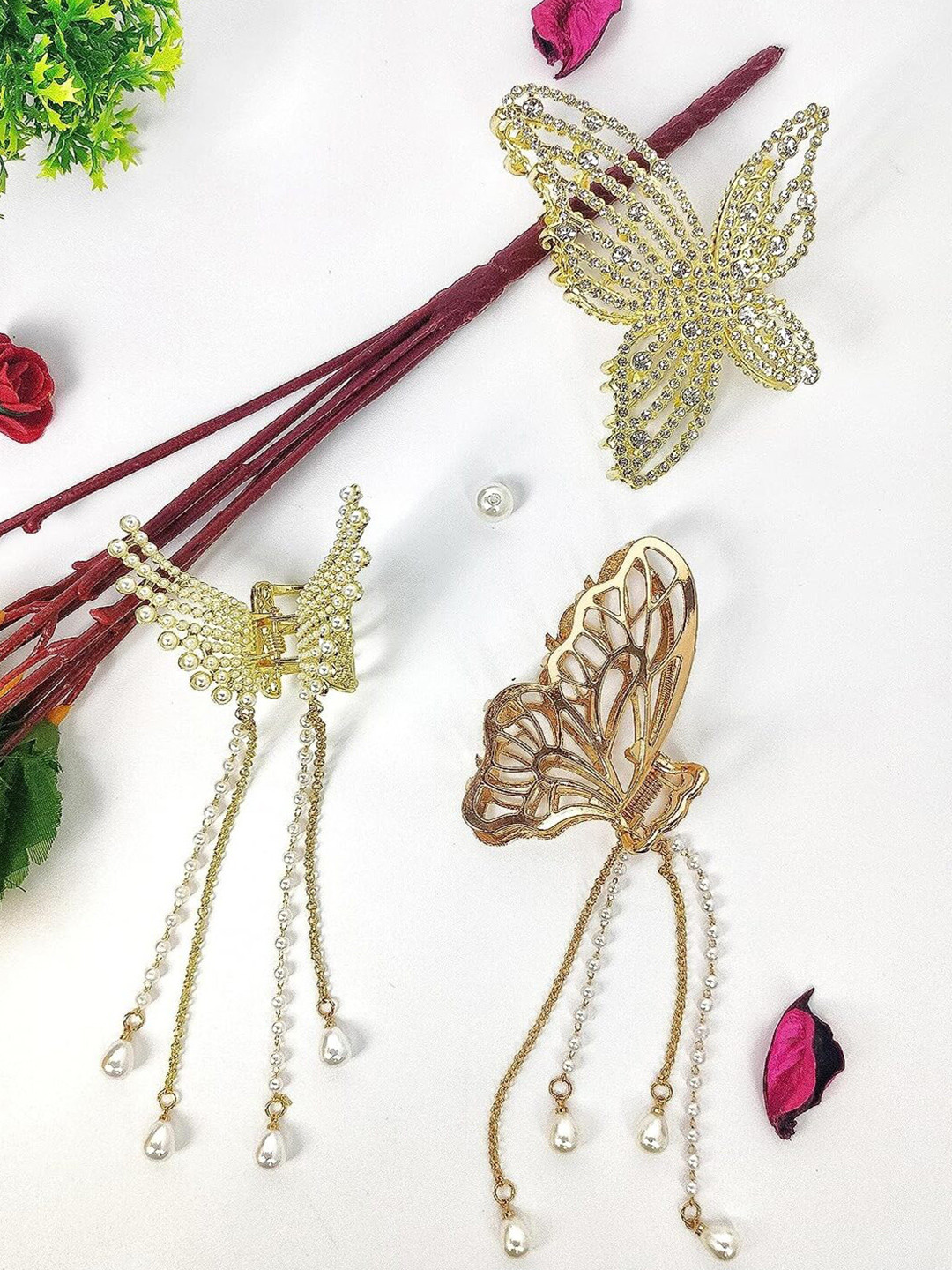 

ANNA CREATIONS Set of 3 Embellished Butterfly Shaped Claw Clips, Gold