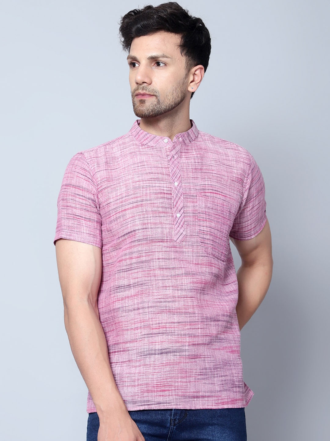 

Latest Chikan Garments Striped Mandarin Collar Short Kurta, Rose