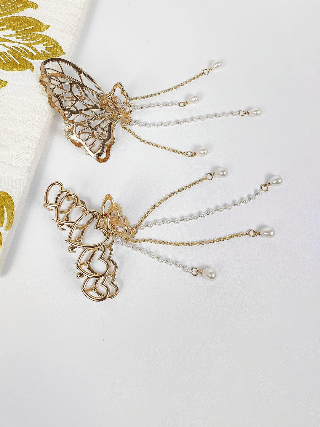 

ANNA CREATIONS Set of 2 Beaded Tasselled Butterfly Shaped Claw Clips, Gold