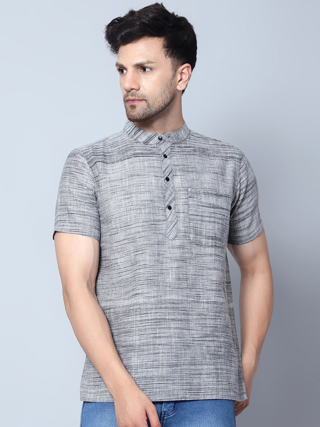 

Latest Chikan Garments Striped Band Collar Short Sleeves Kurta, Grey