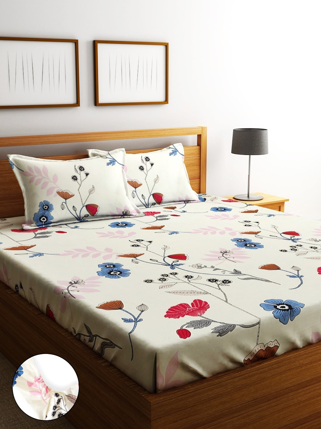 

Home Sizzler White & Red Floral Cotton Fitted 210 TC King Bedsheet With 2 Pillow Covers