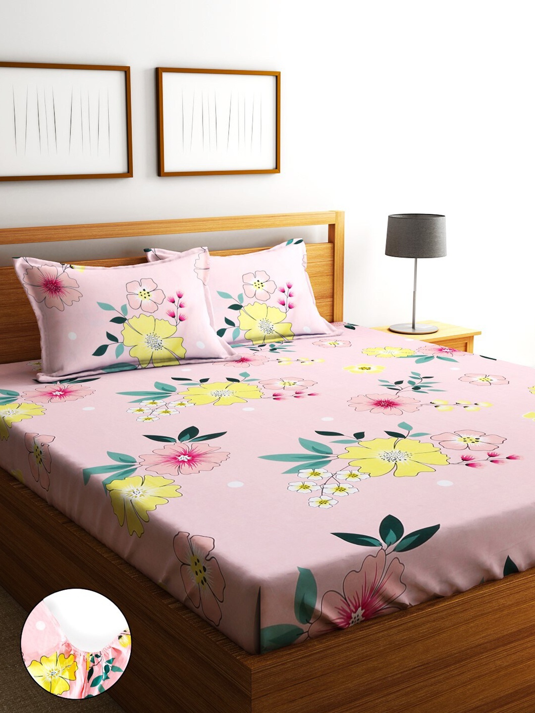 

Home Sizzler Pink & Green Floral Cotton 210 TC King Fitted Bedsheet With 2 Pillow Covers