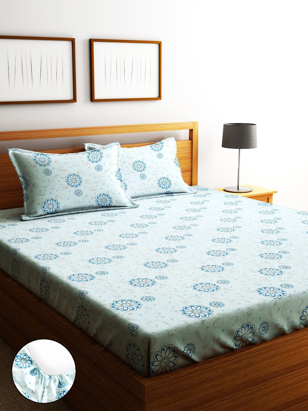 

Home Sizzler Blue Floral Cotton Fitted 210 TC King Bedsheet With 2 Pillow Covers