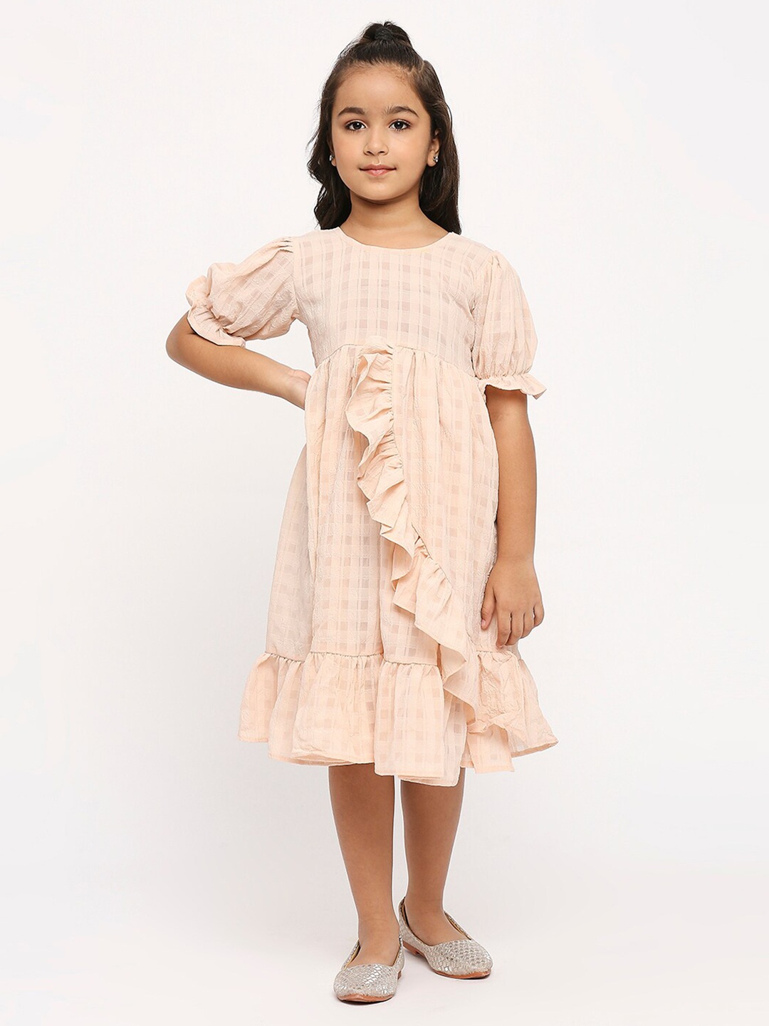 

GUFRINA Girls Checked Ruffles Puff Sleeve Georgette A-Line Dress, Peach