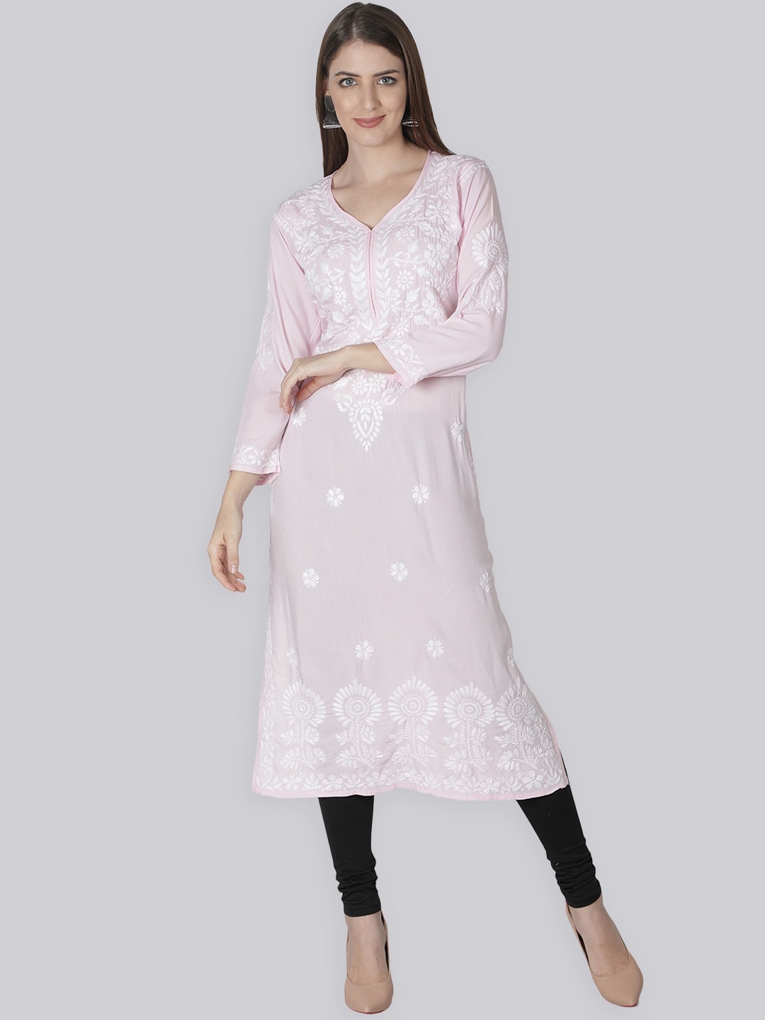 

Seva Chikan Floral Motifs Chikankari Embroidered Three-Quarter Sleeve Cotton Kurta, Pink