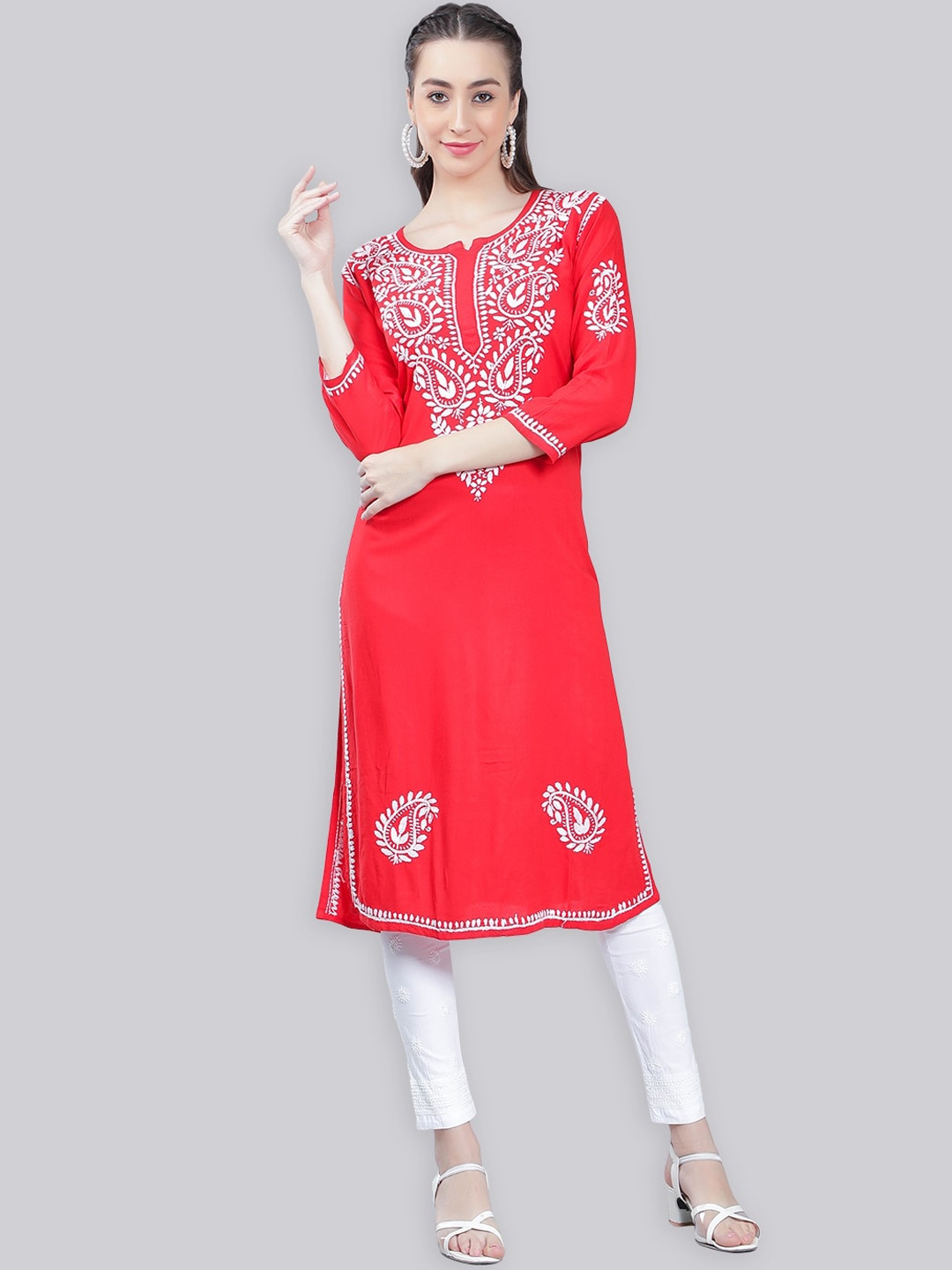 

Seva Chikan Paisley Embroidered Chikankari Straight Kurta, Red