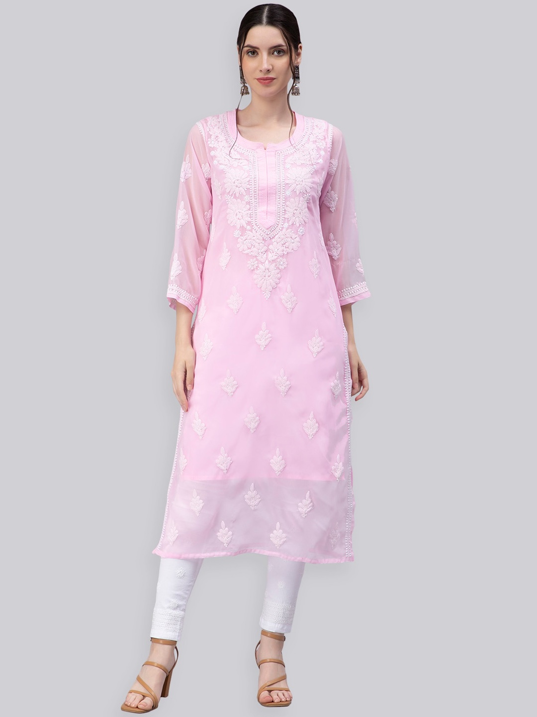 

Seva Chikan Ethnic Motifs Embroidered Chikankari Straight Kurta With Slip, Pink