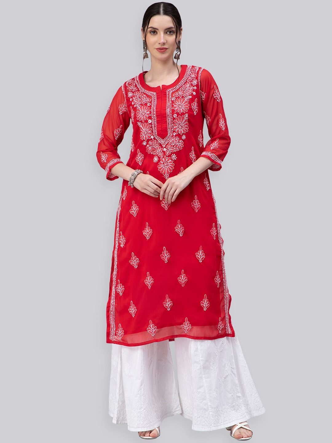 

Seva Chikan Ethnic Motifs Embroidered Lucknowi Chikankari Straight Kurta With Slip, Red