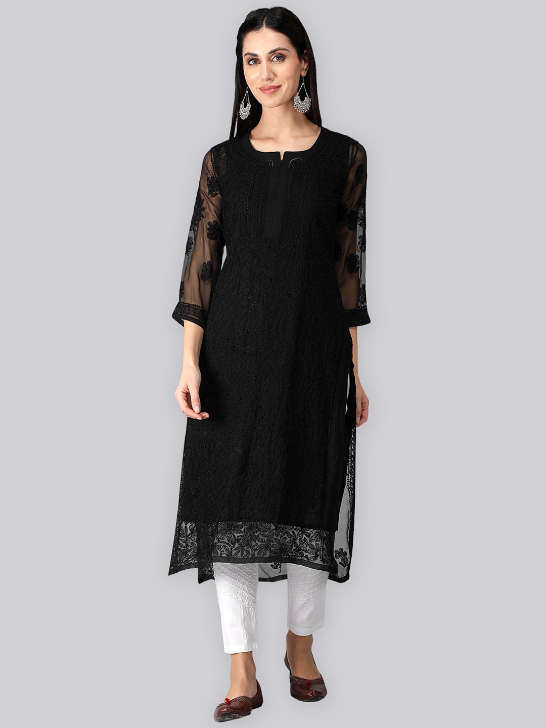 

Seva Chikan Ethnic Motifs Embroidered Thread Work Straight Kurta, Black