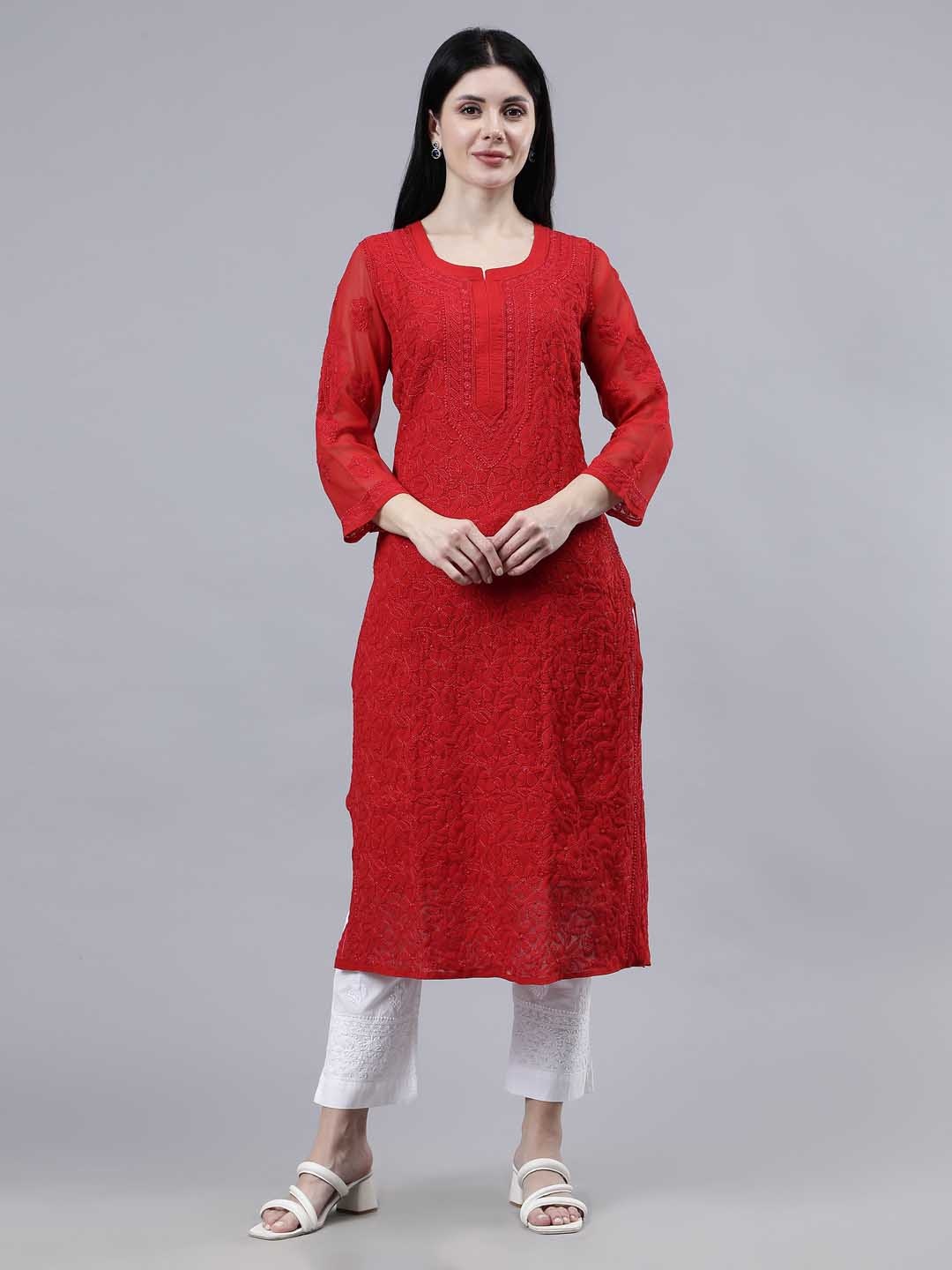 Seva Chikan Floral Embroidered Chikankari Georgette Kurta, Red