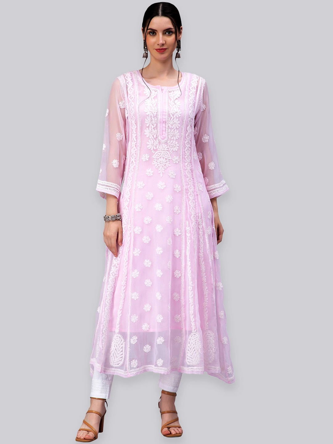 

Seva Chikan Ethnic Motifs Chikankari Embroidered Georgette Anarkali Kurta, Pink