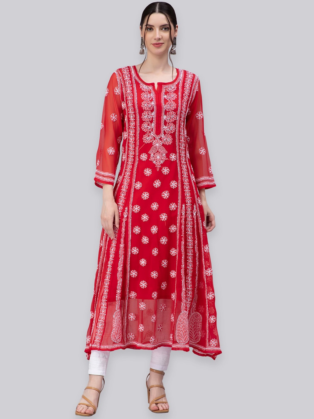 

Seva Chikan Ethnic Motifs Embroidered Lucknowi Chikankari Anarkali Kurta, Red