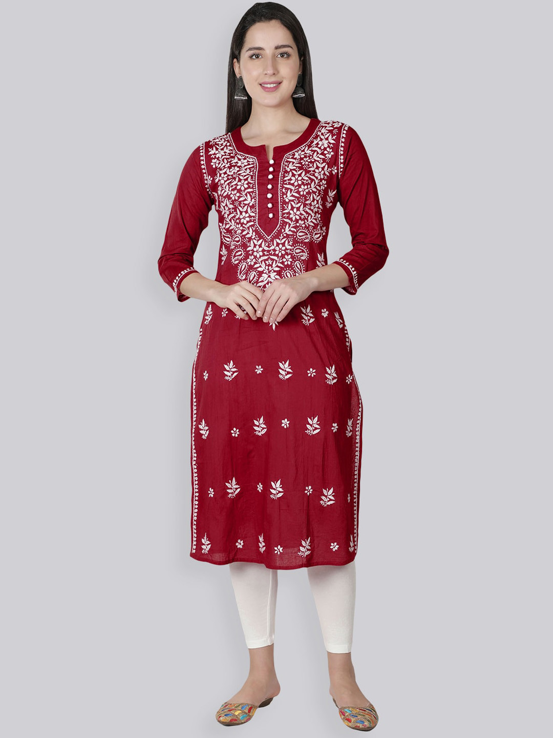 

Seva Chikan Lucknowi Chikankari Embroidered Cotton Kurta, Red