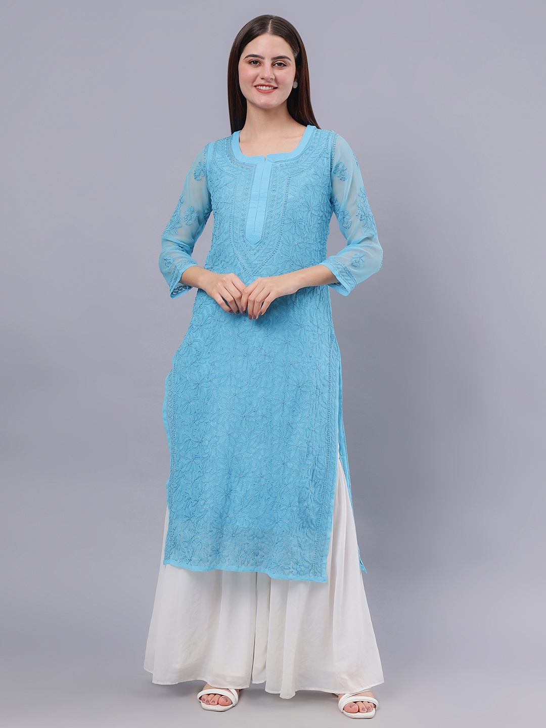 

Seva Chikan Floral Embroidered Chikankari Georgette Kurta With Inner, Blue