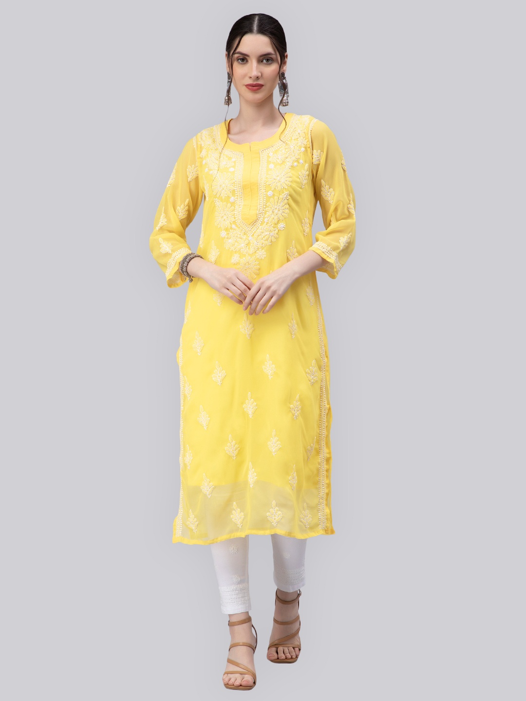 

Seva Chikan Ethnic Motifs Embroidered Chikankari Straight Kurta With Slip, Yellow