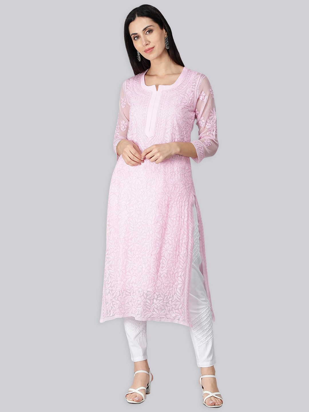 

Seva Chikan Ethnic Motifs Embroidered Lucknowi Chikankari Georgette Kurta With Slip, Pink