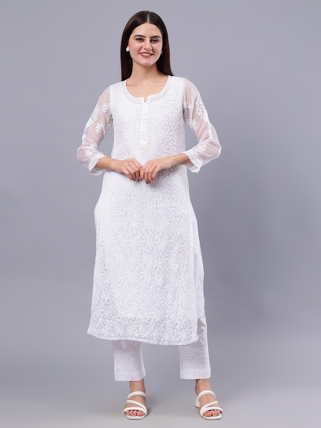 

Seva Chikan Ethnic Motifs Embroidered Chikankari Georgette Kurta, White
