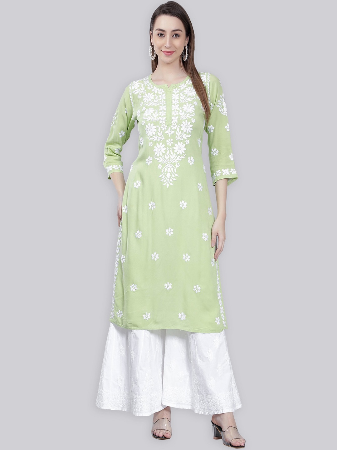 

Seva Chikan Floral Embroidered Round Neck Three-Quarter Sleeves Chikankari Straight Kurta, Green