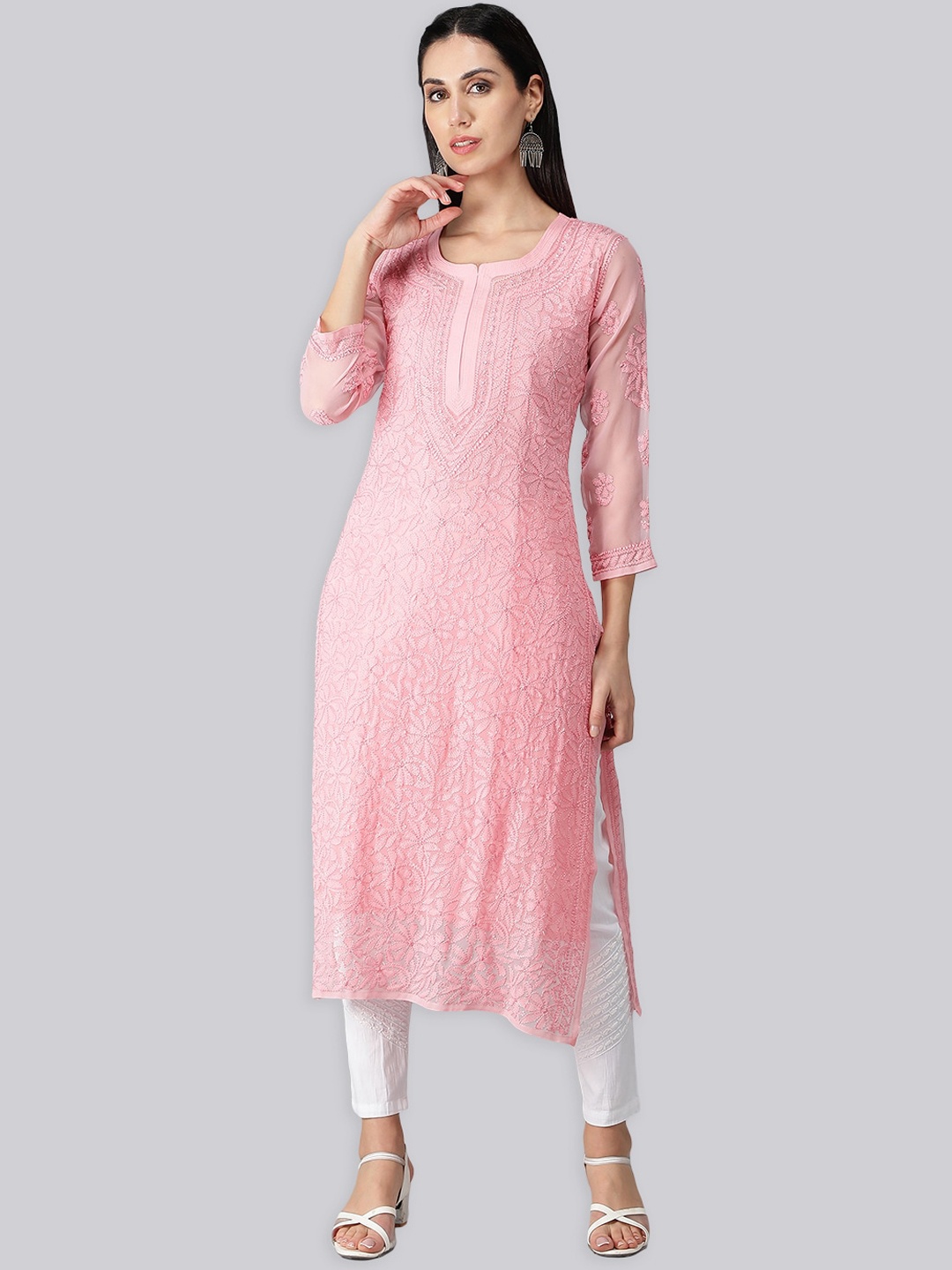 

Seva Chikan Floral Embroidered Chikankari Georgette Straight Kurta With Camisole, Peach