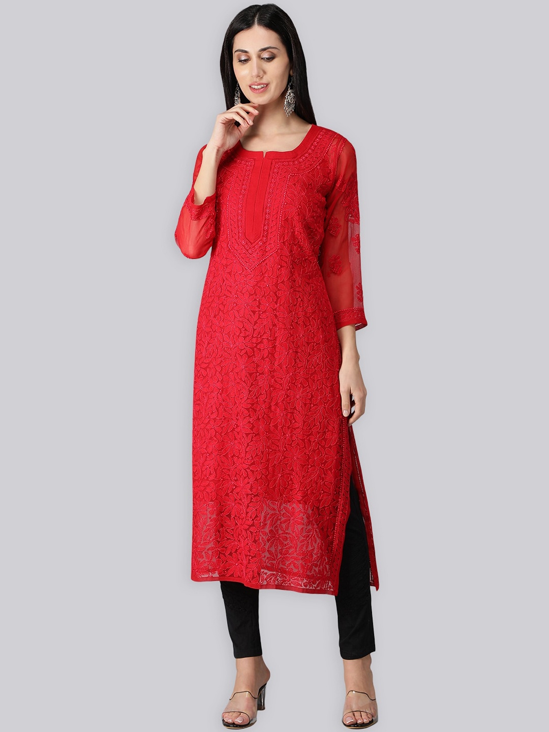 

Seva Chikan Ethnic Motifs Embroidered Chikankari Georgette Kurta With Slip, Red