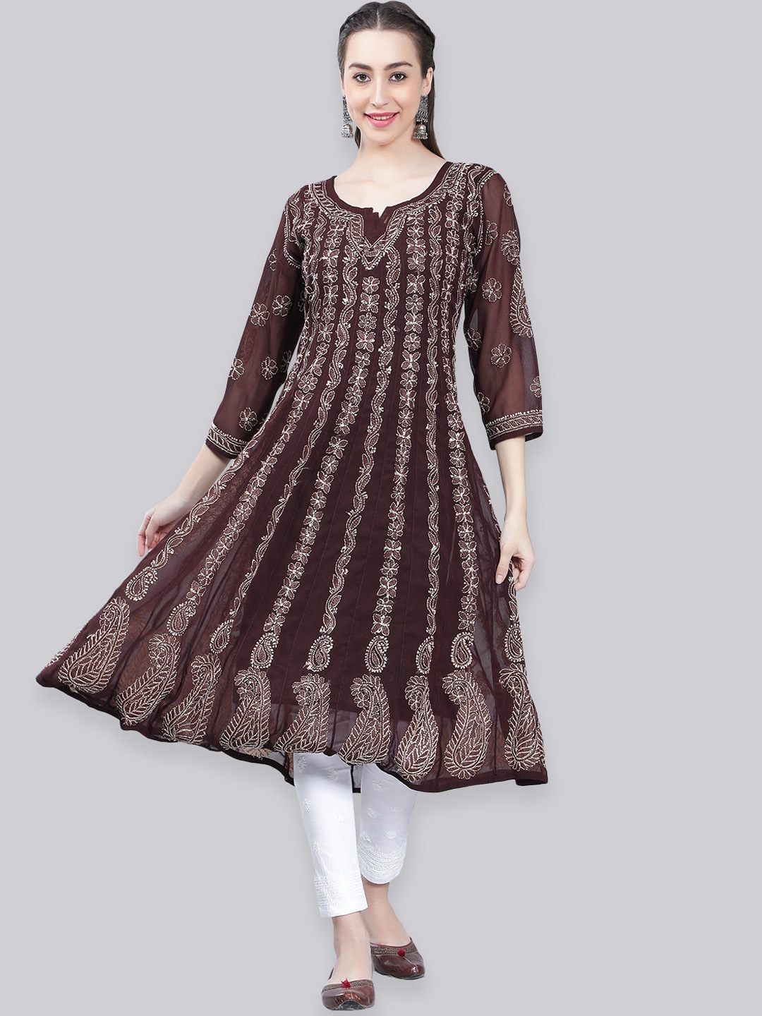

Seva Chikan Ethnic Motifs Chikankari Georgette Anarkali Kurta, Brown