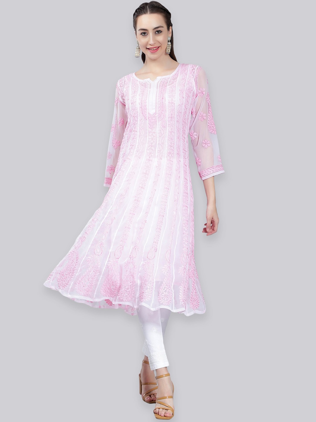 

Seva Chikan Floral Embroidered Chikankari Georgette Anarkali Kurta, Pink