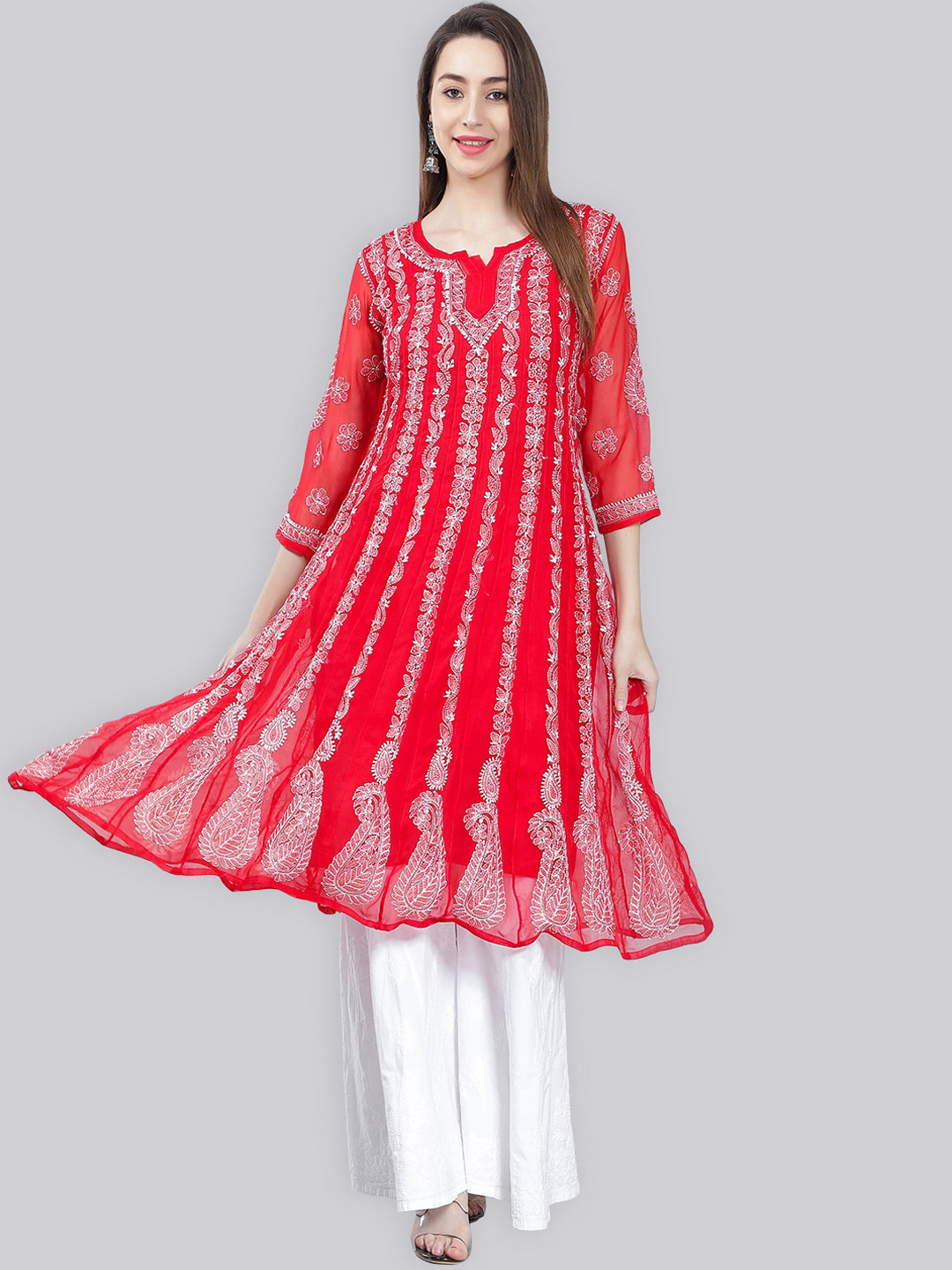 

Seva Chikan Ethnic Motifs Chikankari Embroidered Georgette Anarkali Kurta, Red