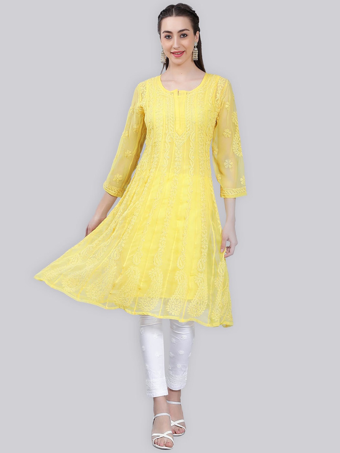 

Seva Chikan Ethnic Motifs Embroidered Chikankari Anarkali Kurta, Yellow