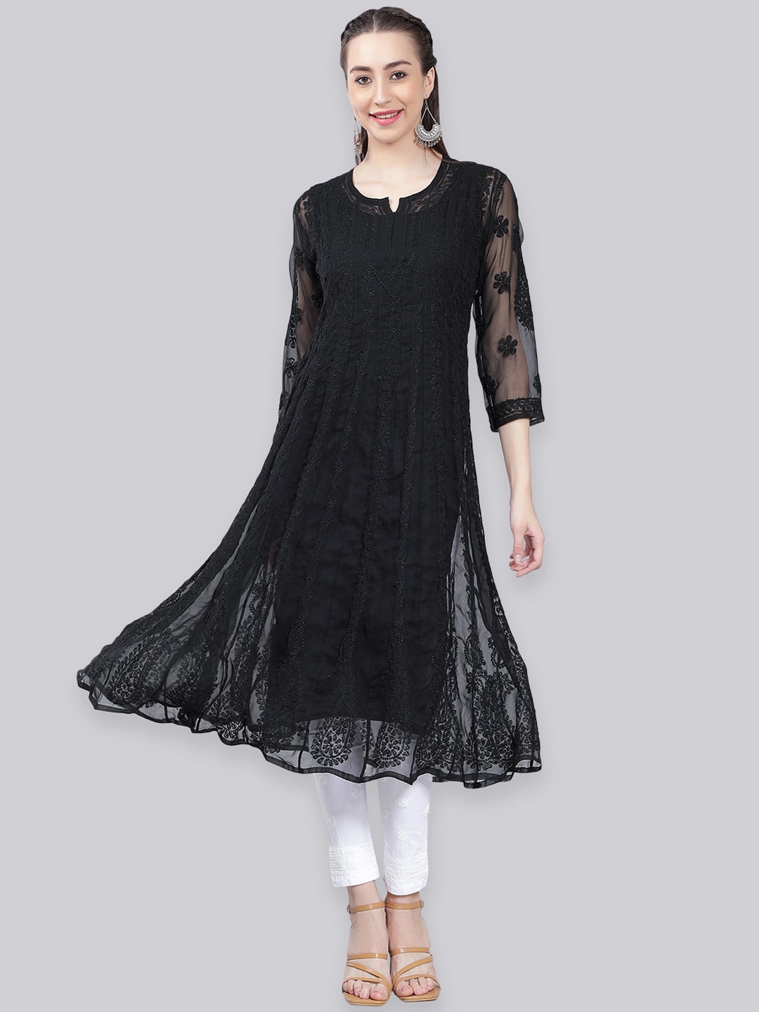 

Seva Chikan Ethnic Motifs Embroidered Chikankari Anarkali Kurta, Black