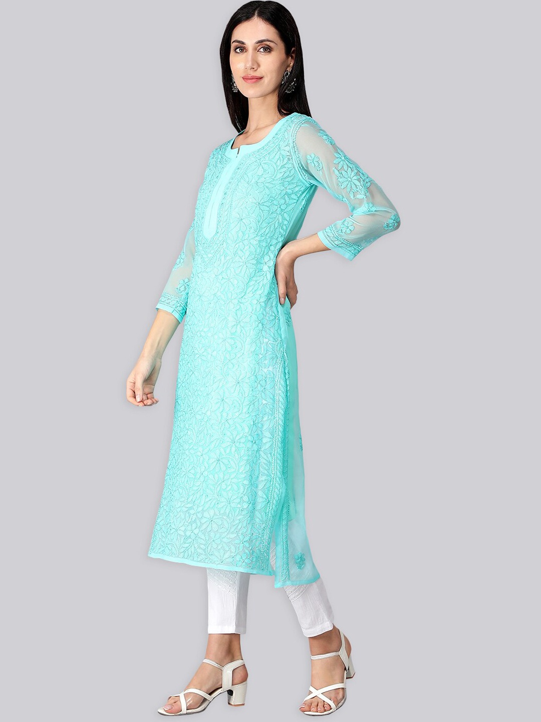 

Seva Chikan Floral Embroidered Lucknowi Chikankari Kurta Wwith Slip, Sea green