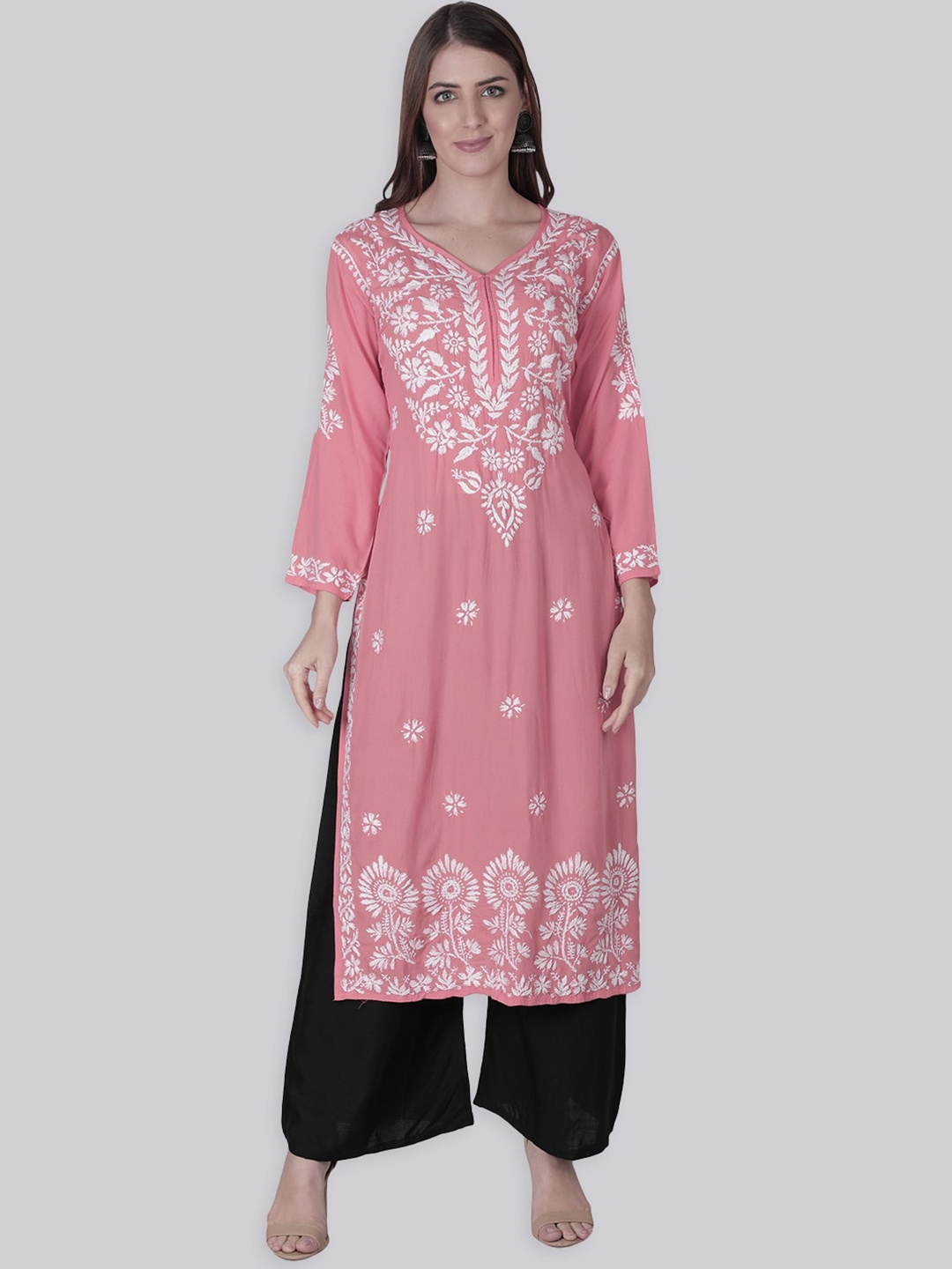 

Seva Chikan Ethnic Motifs Embroidered Chikankari Straight Kurta, Peach