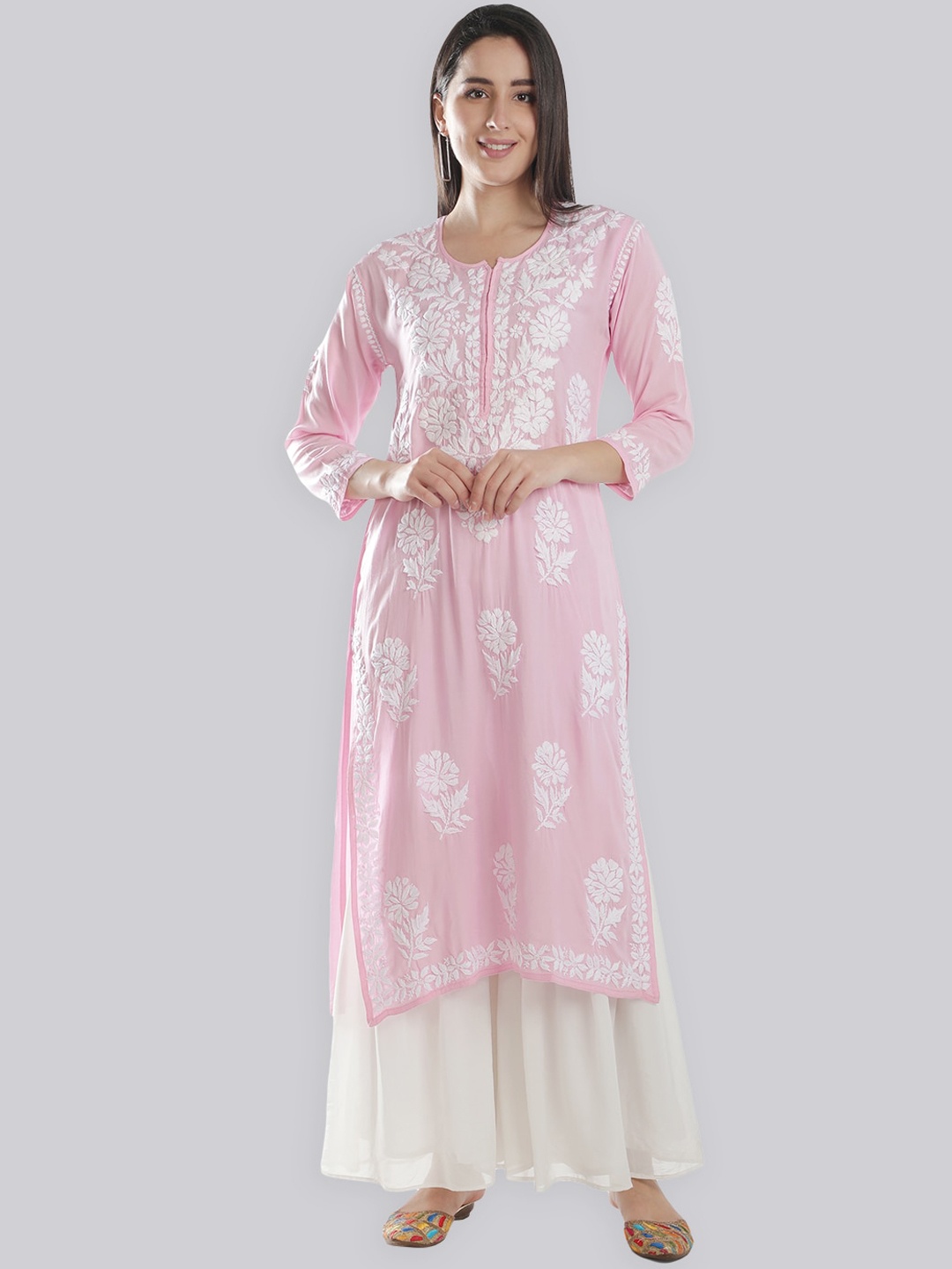 

Seva Chikan Floral Embroidered Chikankari Modal Straight Kurta, Pink