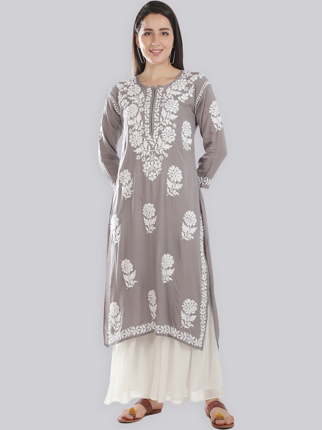 

Seva Chikan Ethnic Motifs Embroidered Thread Work Kurta, Grey