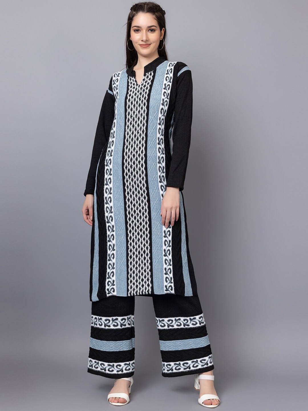 

TYSORT Self Designed Mandarin Collar Regular Kurta with Palazzos, Black