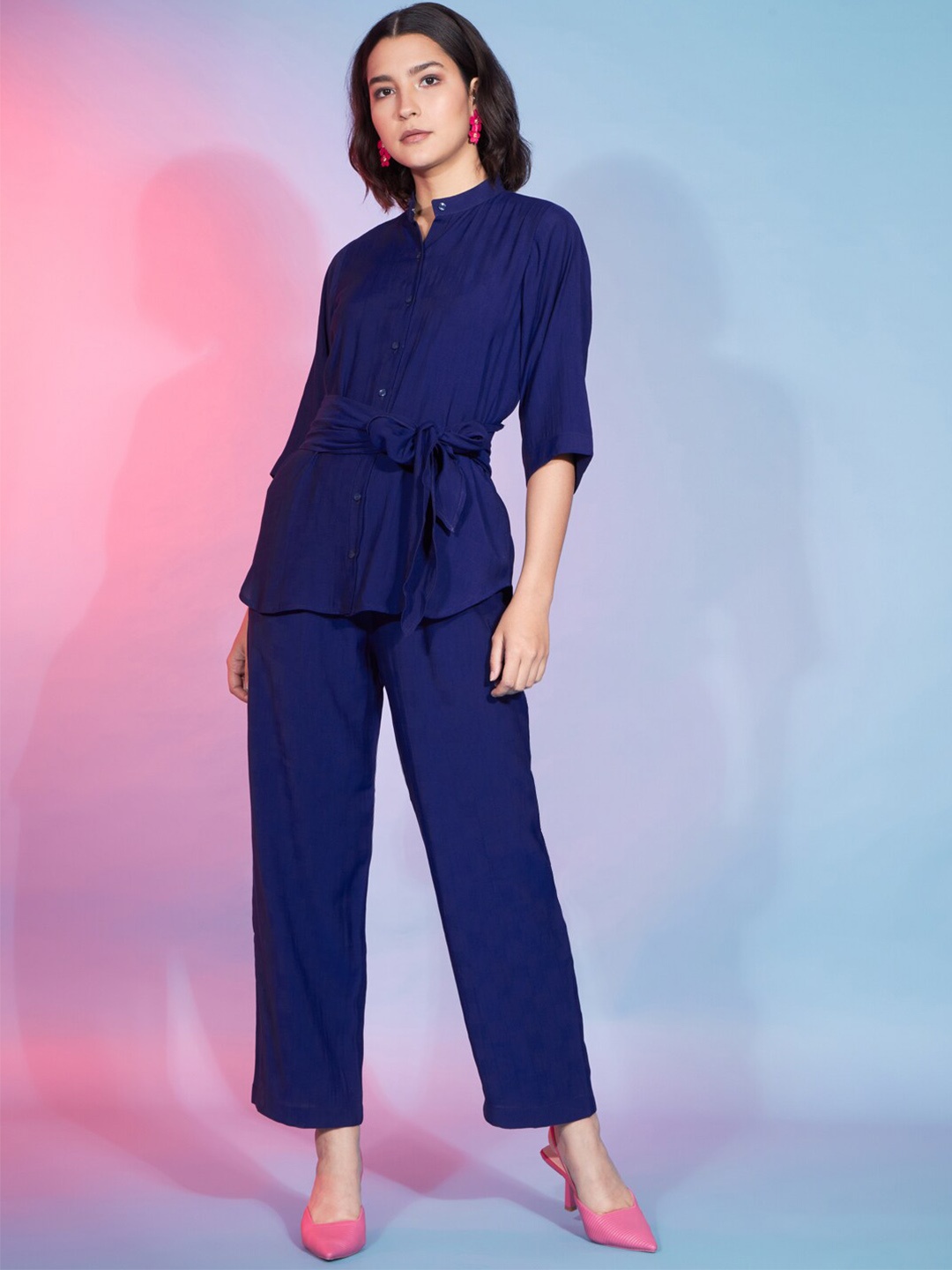 

SHUBHVASTRA Mandarin Collar Tie-Up Detail Top & Trouser Co-Ords, Blue