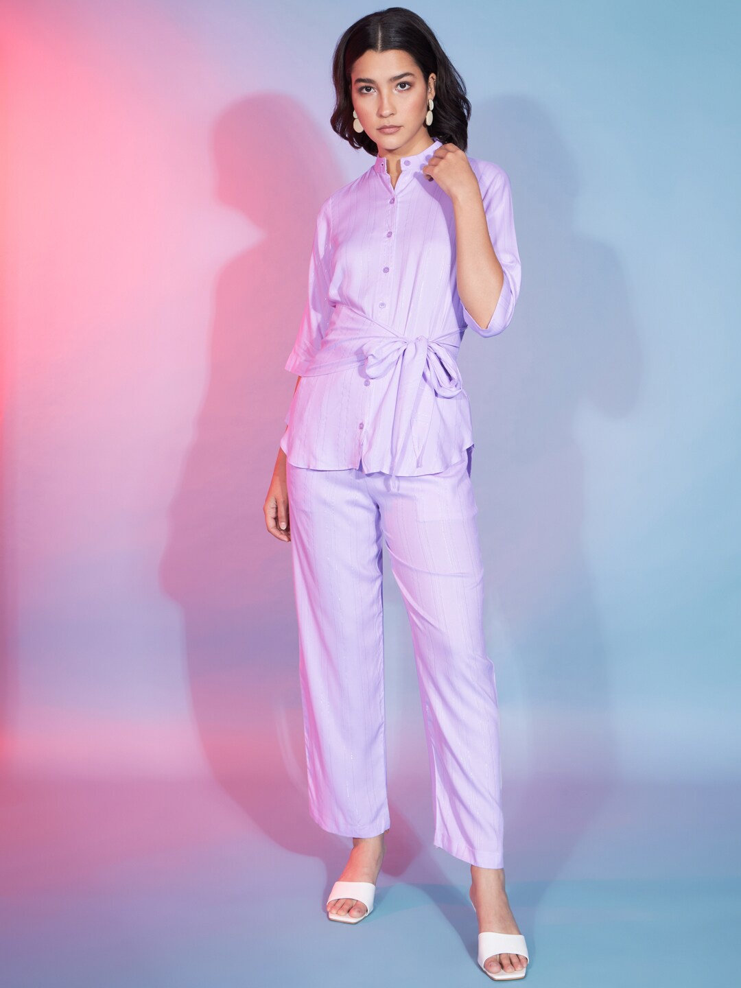 

SHUBHVASTRA Mandarin Collar Tie-Up Detail Top & Trouser Co-Ords, Lavender