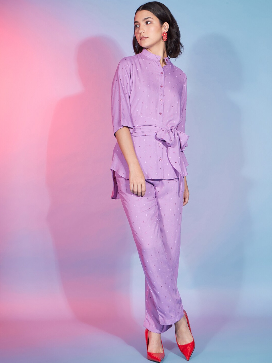 

SHUBHVASTRA Mandarin Collar Tie-Up Detail Top & Trouser Co-Ords, Purple