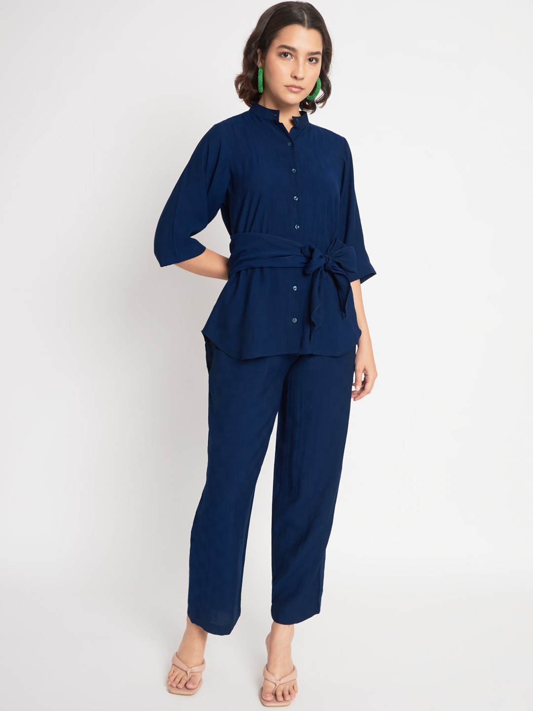 

Mitera Mandarin Collar Tie-Up Top & Trouser, Blue