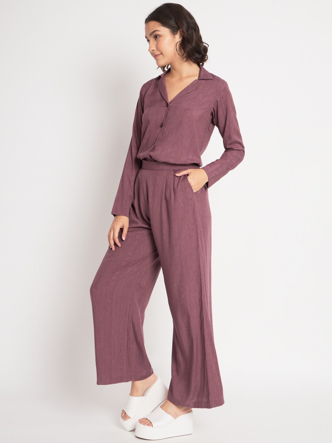 

Mitera Woven Design Lapel Collar Top & Trouser, Purple