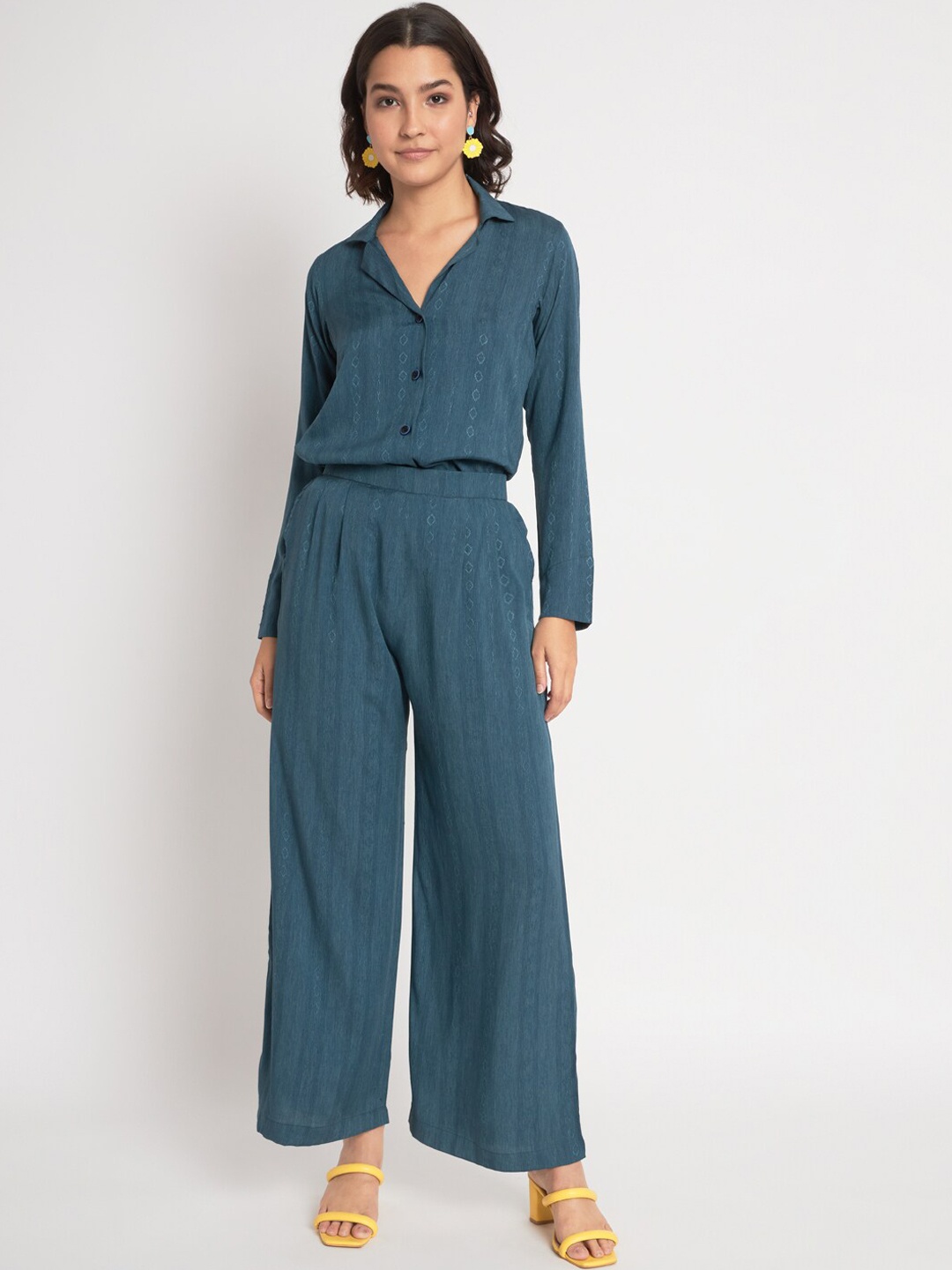 

Mitera Woven Design Lapel Collar Top & Trouser, Blue