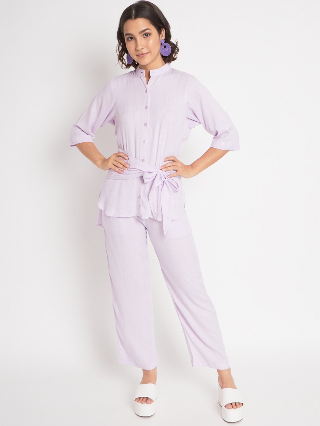 

Mitera Woven Design Mandarin Collar Tie-Up Top & Trouser, Lavender